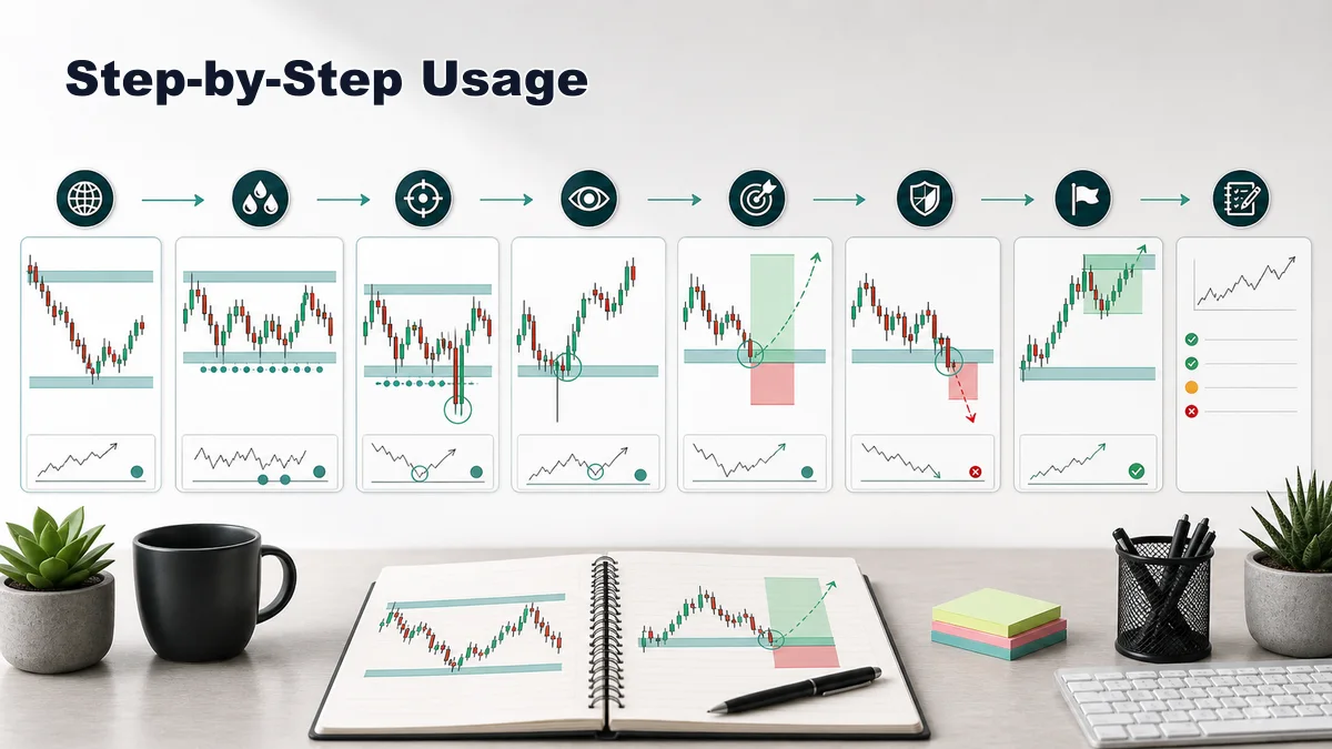 Liquidity Sweeps: Identification, Confirmation and Failure Codex AI image showing step by step liquidity sweep usage from context to liquidity pool, sweep, confirmation, entry, invalidation, and journal review