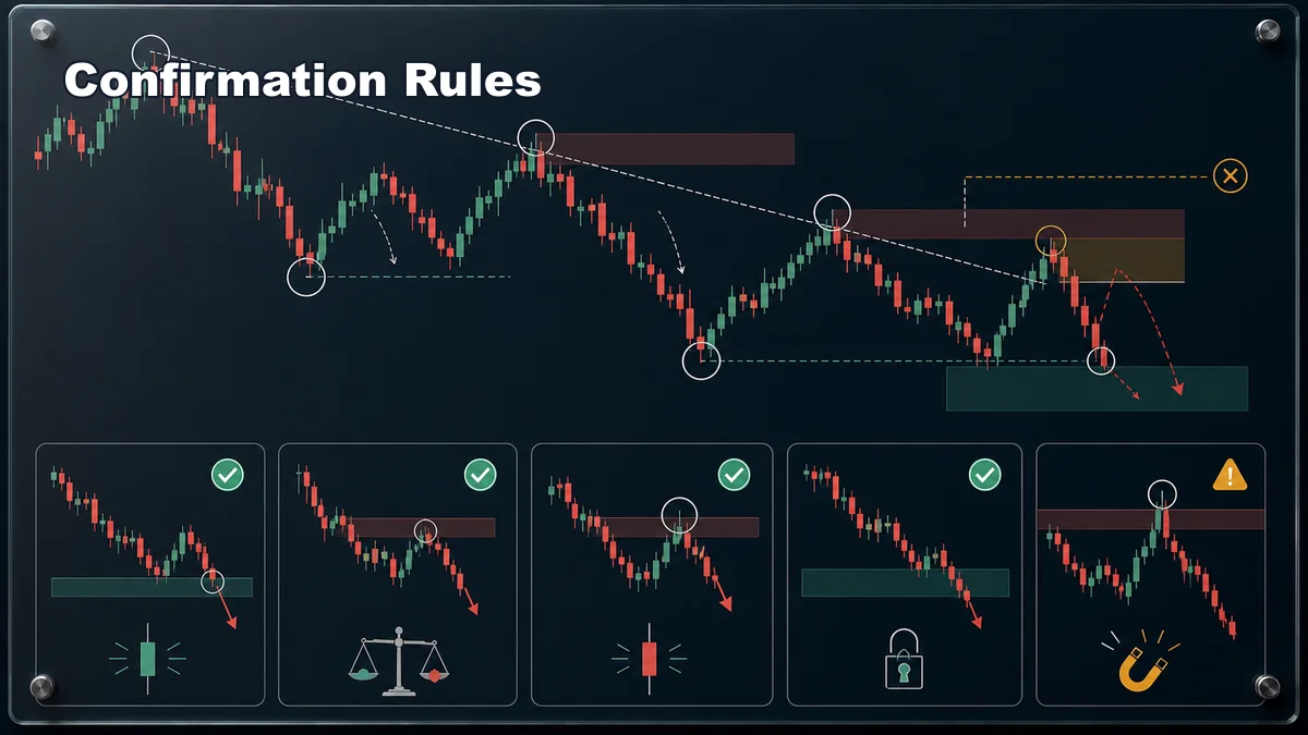 Lower Highs and Lower Lows Explained Confirmation rules for lower highs and lower lows with close below structure retest rejection and invalidation above lower high