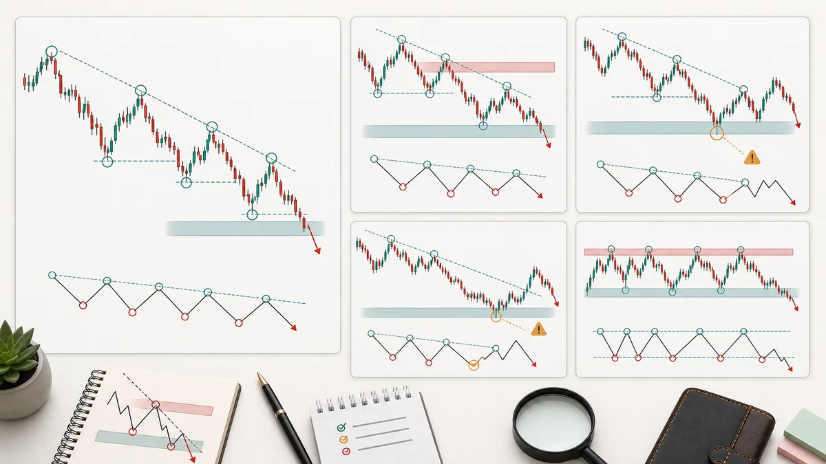 Lower Highs and Lower Lows Explained Examples of lower highs and lower lows including bearish continuation failed breakdown range transition and pullback into resistance