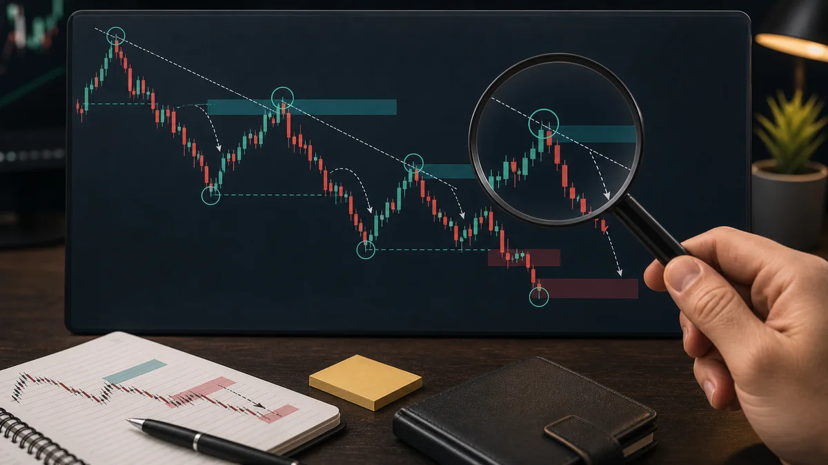 Lower Highs and Lower Lows Explained How to identify lower highs and lower lows by marking swing highs swing lows breakdowns pullbacks and lower high areas