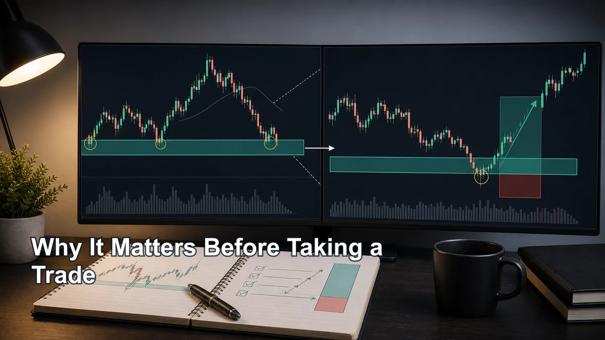 Malaysian Support and Resistance: The Core MSNR Zone Framework Trading desk showing higher-timeframe and lower-timeframe MSNR charts connected to the same support resistance zone and invalidation box