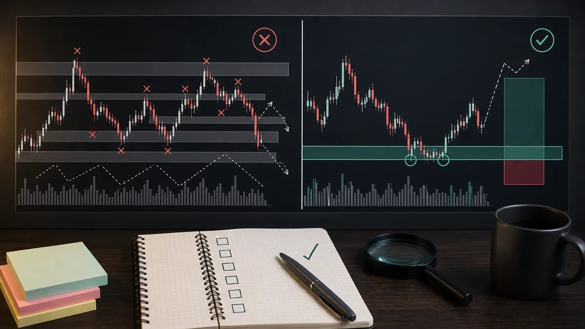 Malaysian Support and Resistance: The Core MSNR Zone Framework Trading review board showing messy Malaysian Support and Resistance mistakes beside a clean MSNR zone and checklist