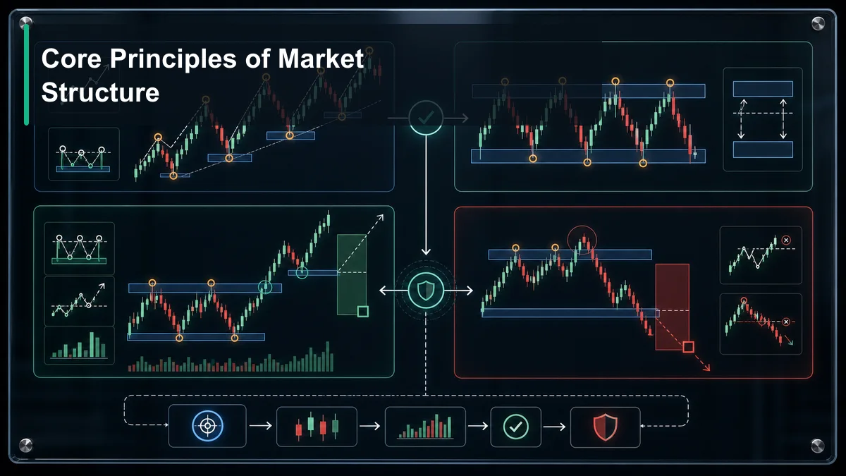 Market Structure: Complete Guide for Traders A market structure education board showing trend direction, swing sequence, support resistance, structure break, invalidation, and risk zone