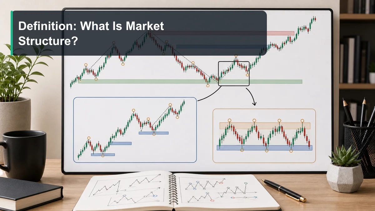 Market Structure: Complete Guide for Traders A beginner friendly chart board explaining market structure with higher highs, higher lows, lower highs, lower lows, and a range example