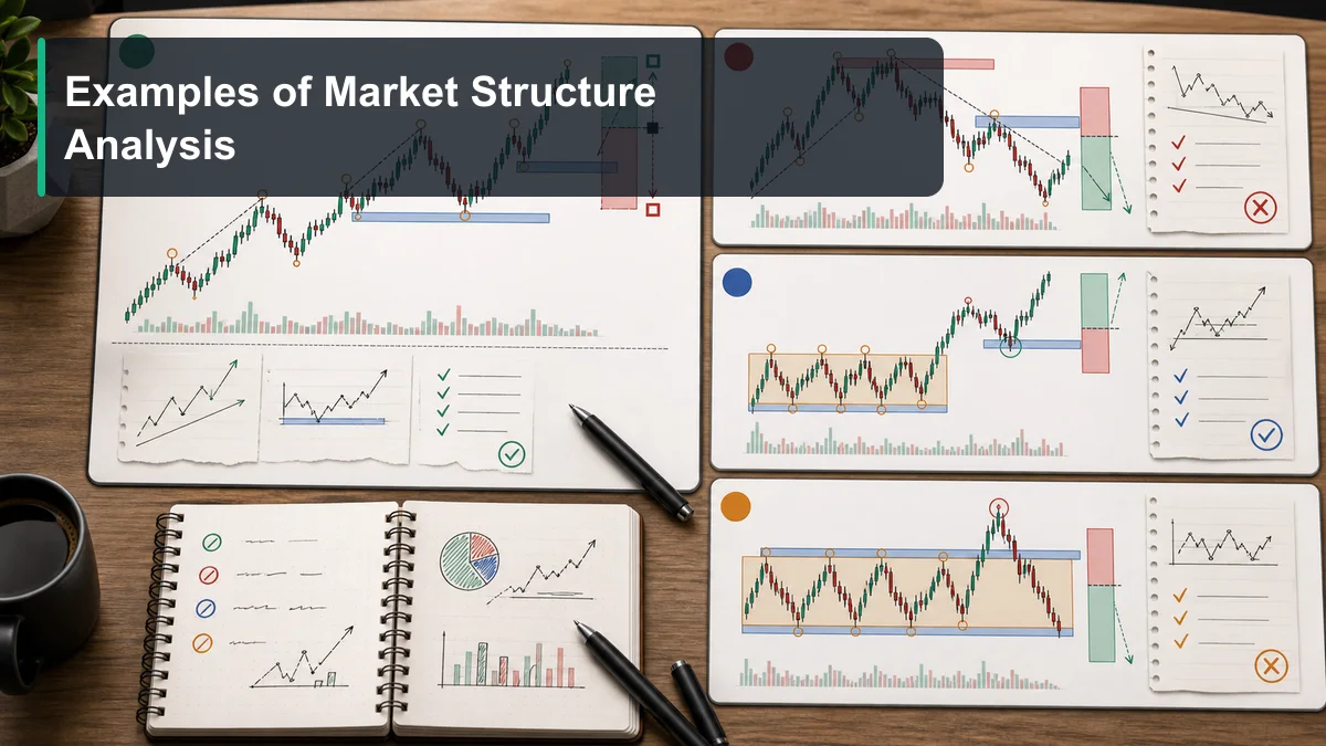Market Structure: Complete Guide for Traders A case study storyboard showing bullish continuation, bearish reversal transition, range breakout retest, and failed breakout market structure examples