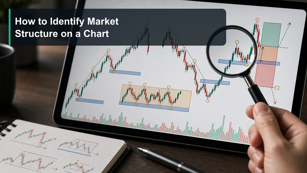 Market Structure: Complete Guide for Traders A close up chart inspection showing market structure swing highs, swing lows, support resistance zones, breakout confirmation, and invalidation area