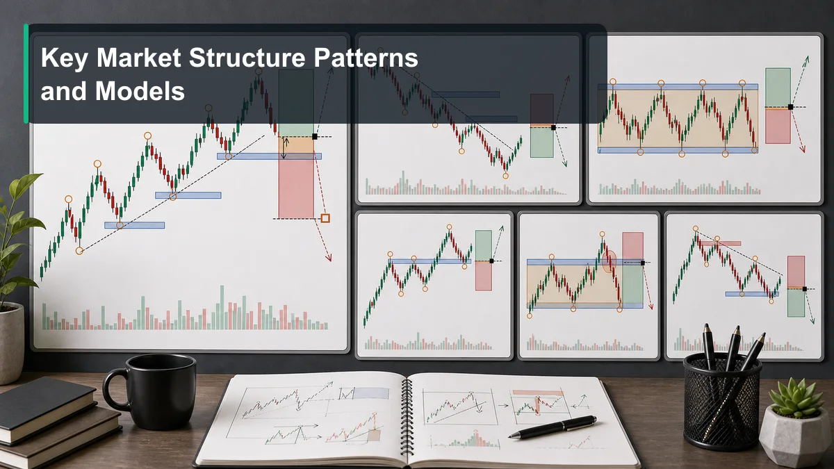 Market Structure: Complete Guide for Traders A model library of market structure patterns including uptrend continuation, downtrend continuation, range breakout, failed breakout, and reversal structure