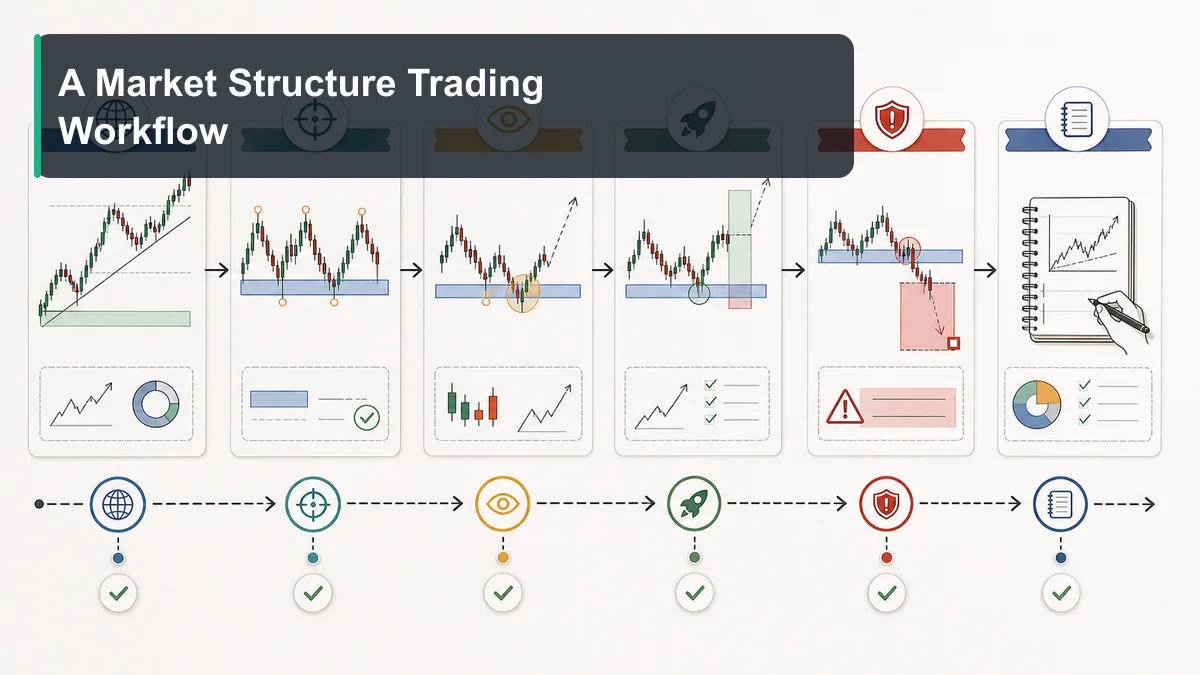 Market Structure: Complete Guide for Traders A structured market structure trading workflow from higher timeframe context to key levels, setup, confirmation, risk, entry, and journal review