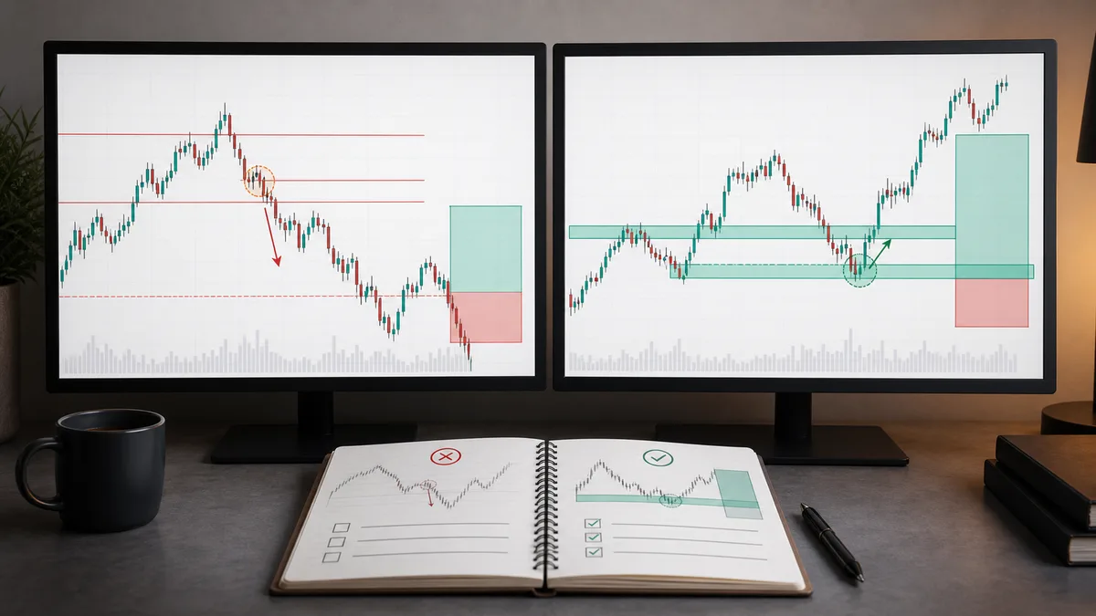 MSNR vs Random Support and Resistance: The Key Differences Side by side chart comparison showing a random support entry versus a planned MSNR zone trade with risk context