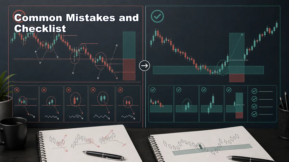 MSNR Candlestick Confirmation: Rejection and Close Rules Illustrative diagram showing common MSNR candlestick confirmation mistakes and checklist for rejection engulfing close based entries