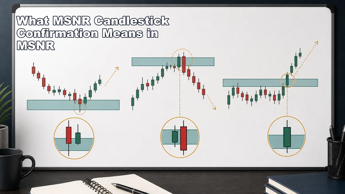 MSNR Candlestick Confirmation: Rejection and Close Rules Illustrative diagram explaining MSNR candlestick confirmation with rejection candle engulfing candle and close based entry near SNR zones
