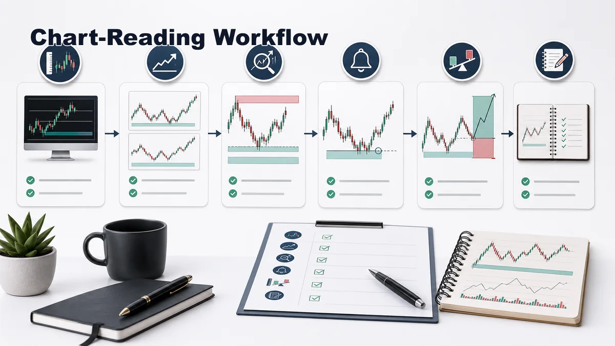 MSNR Chart Setup: What Tools, Timeframes and Templates You Need Codex AI image showing a step by step MSNR chart setup workflow from tools to timeframes zones reaction and journal review