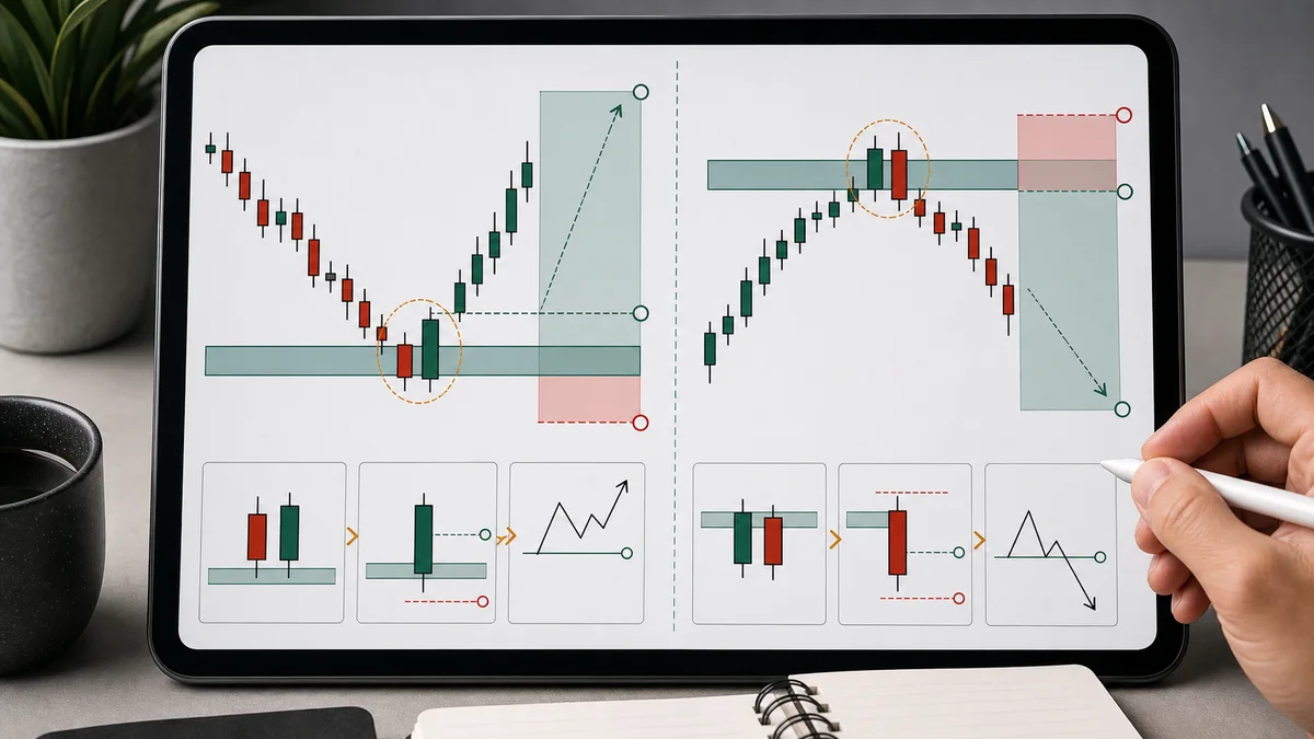 MSNR Engulfing Strategy: Rules, Filters and Failure Codex AI image showing MSNR engulfing candle entry invalidation and stop-loss logic for bullish engulfing support and bearish engulfing resistance