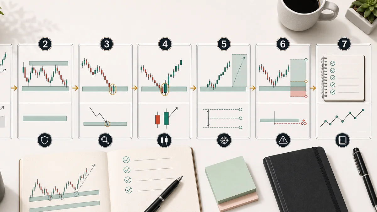 MSNR Engulfing Strategy: Rules, Filters and Failure Codex AI image showing step by step MSNR engulfing candle workflow from trend bias to SNR zone confirmation and review
