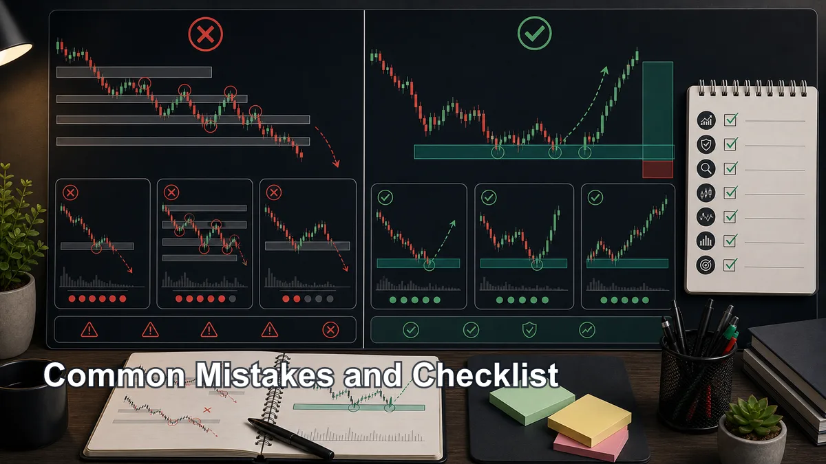 Support Level in MSNR: How to Identify High-Quality Demand Zones Trading review board showing common MSNR support level mistakes and a corrected demand-zone checklist