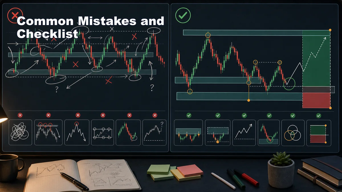 MSNR Terminology: SNR, Fresh Level, Storyline, Rejection and Confluence Codex AI image showing common mistakes and checklist for MSNR terminology