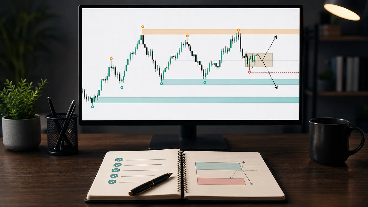 MSNR Trading Strategy: Complete Beginner-to-Advanced Guide Codex AI image of a trader planning an MSNR trade before entry with support resistance and risk notes