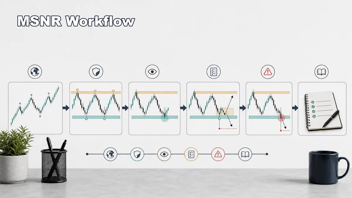 MSNR Trading Strategy: Complete Beginner-to-Advanced Guide Codex AI image showing a step by step MSNR chart reading workflow from context to levels reaction and trade plan