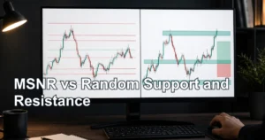 MSNR versus random support and resistance chart comparison with rule-based zones and risk context