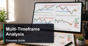 A clean trading desk showing multiple timeframe charts including daily, four hour, one hour, and fifteen minute candlestick views for multi-timeframe analysis