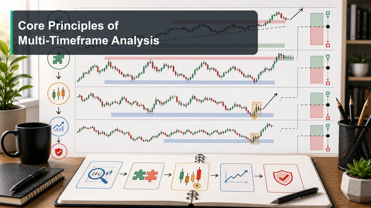 Multi-Timeframe Analysis: Complete Guide A multi-timeframe trading chart showing higher timeframe trend, key support resistance, lower timeframe entry, and risk invalidation zones