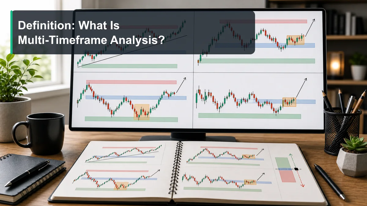 Multi-Timeframe Analysis: Complete Guide A trading workspace showing the same market across daily, four hour, one hour, and fifteen minute candlestick charts for multi-timeframe analysis