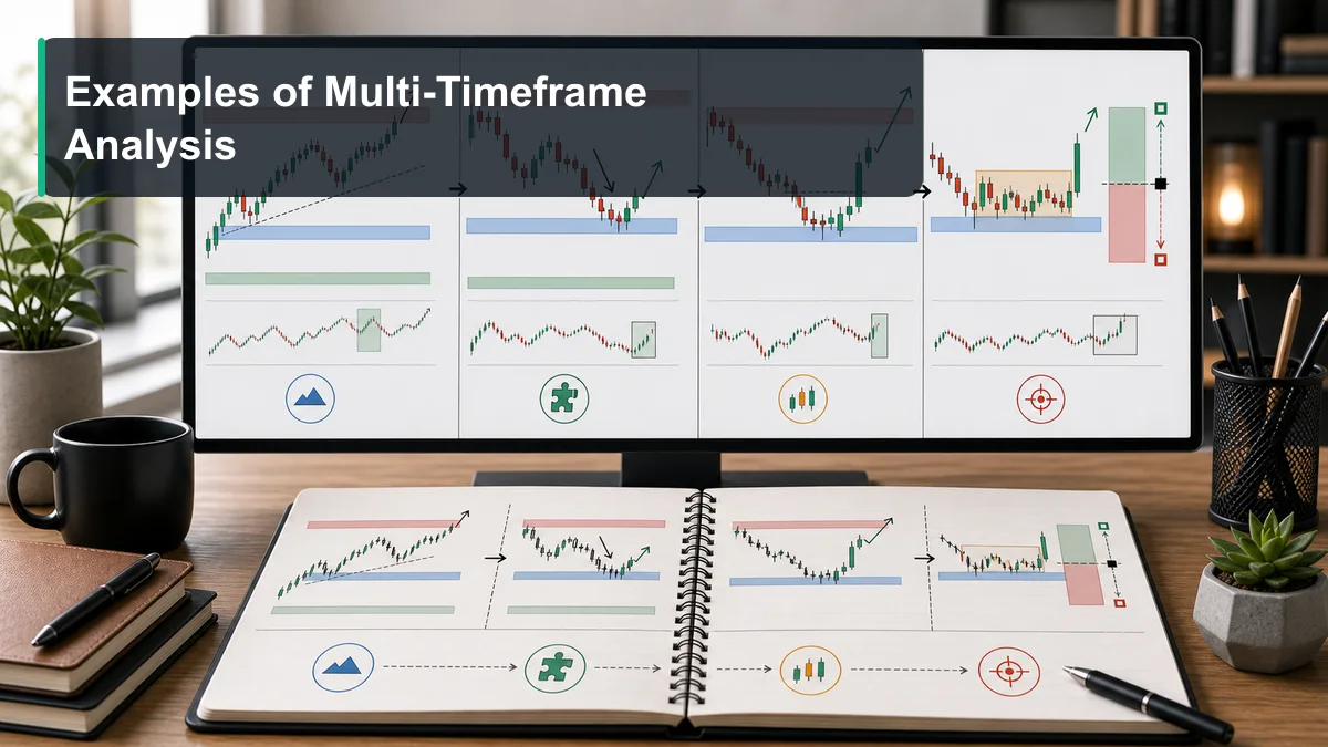 Multi-Timeframe Analysis: Complete Guide Examples of multi-timeframe analysis showing daily trend context, four hour pullback, one hour confirmation, and lower timeframe entry planning