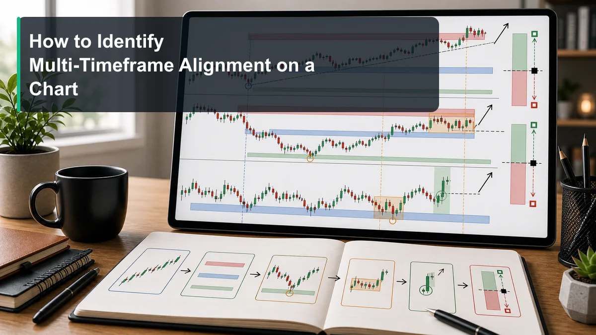 Multi-Timeframe Analysis: Complete Guide A chart setup showing how to identify multi-timeframe alignment with higher timeframe bias, key level, lower timeframe reaction, confirmation, and invalidation