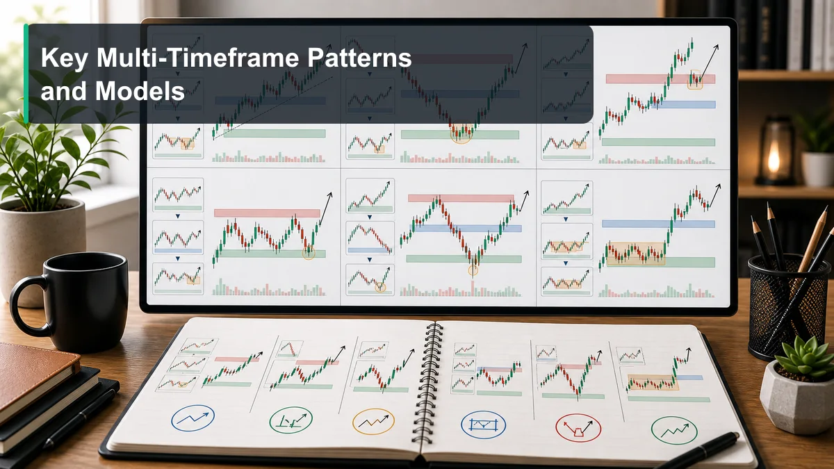 Multi-Timeframe Analysis: Complete Guide A clean multi-timeframe chart board showing trend continuation, pullback alignment, breakout retest, range edge reversal, and higher timeframe support models