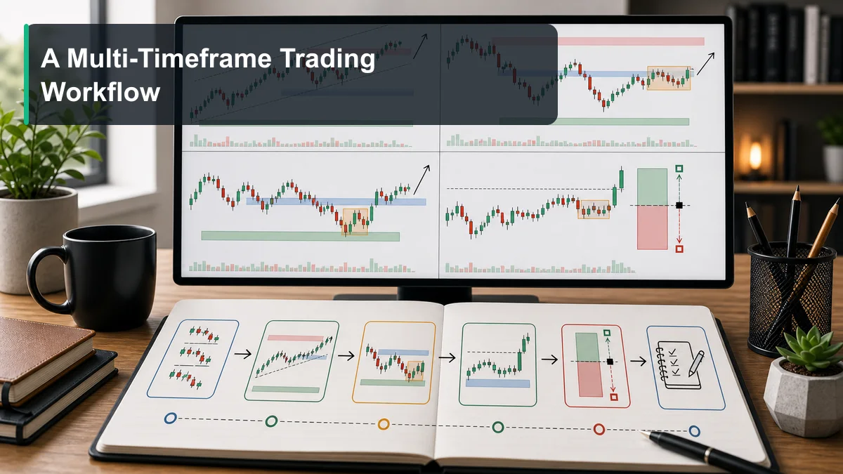 Multi-Timeframe Analysis: Complete Guide A multi-timeframe trading workflow showing higher timeframe context, planning timeframe setup, execution timeframe trigger, stop loss, target, and journal review