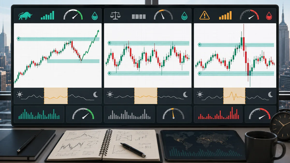 New York Session Liquidity Sweep Strategy Market conditions for New York session liquidity sweeps showing trend, range, volatility, news risk, and liquidity pools