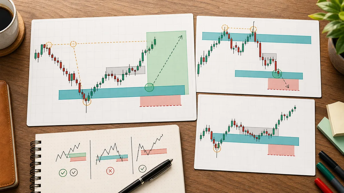 Order Block Trading: How to Find High-Probability POIs Examples of order block trading showing bullish order block retest, bearish order block retest, and failed order block POI