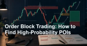 Order Block Trading thumbnail showing high-probability POI zones, liquidity sweep, displacement, retest, confirmation, and risk planning