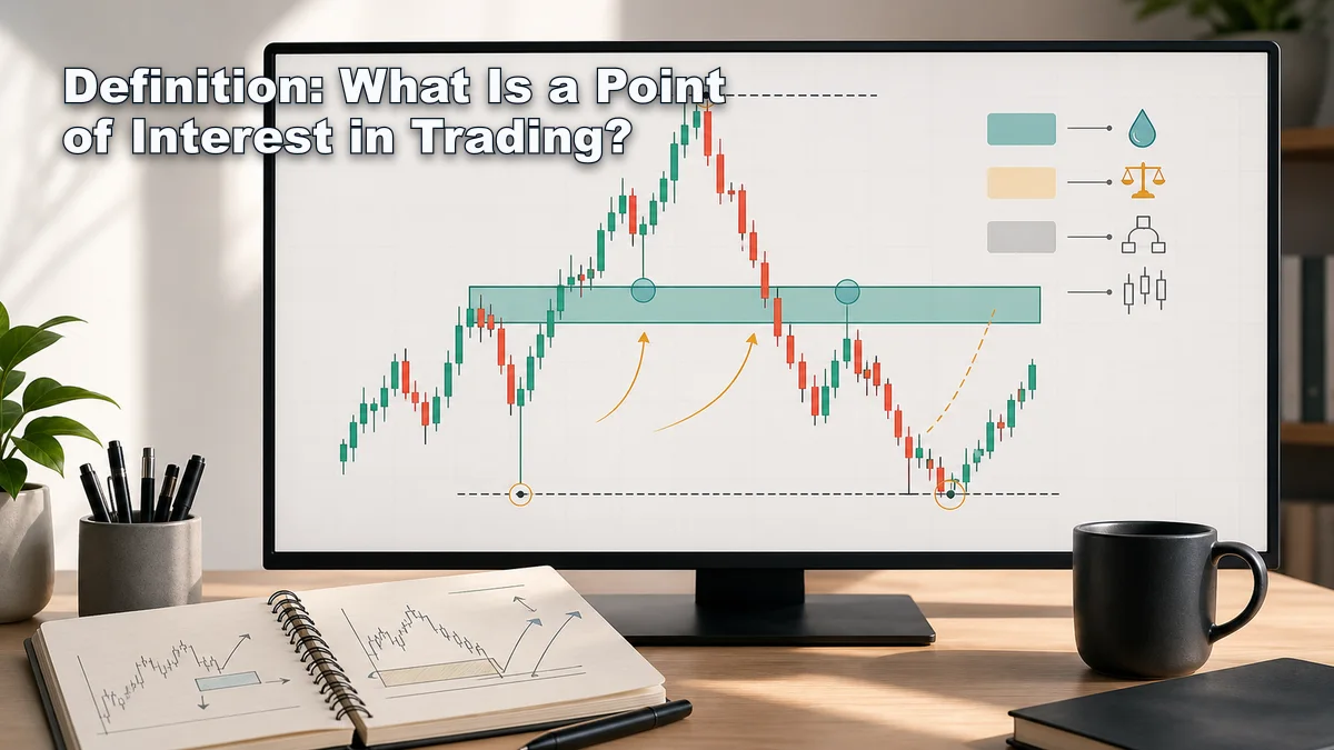 Point of Interest in Trading: Complete Guide Definition of Point of Interest in trading with a highlighted POI reaction zone, swing high, swing low, and chart context