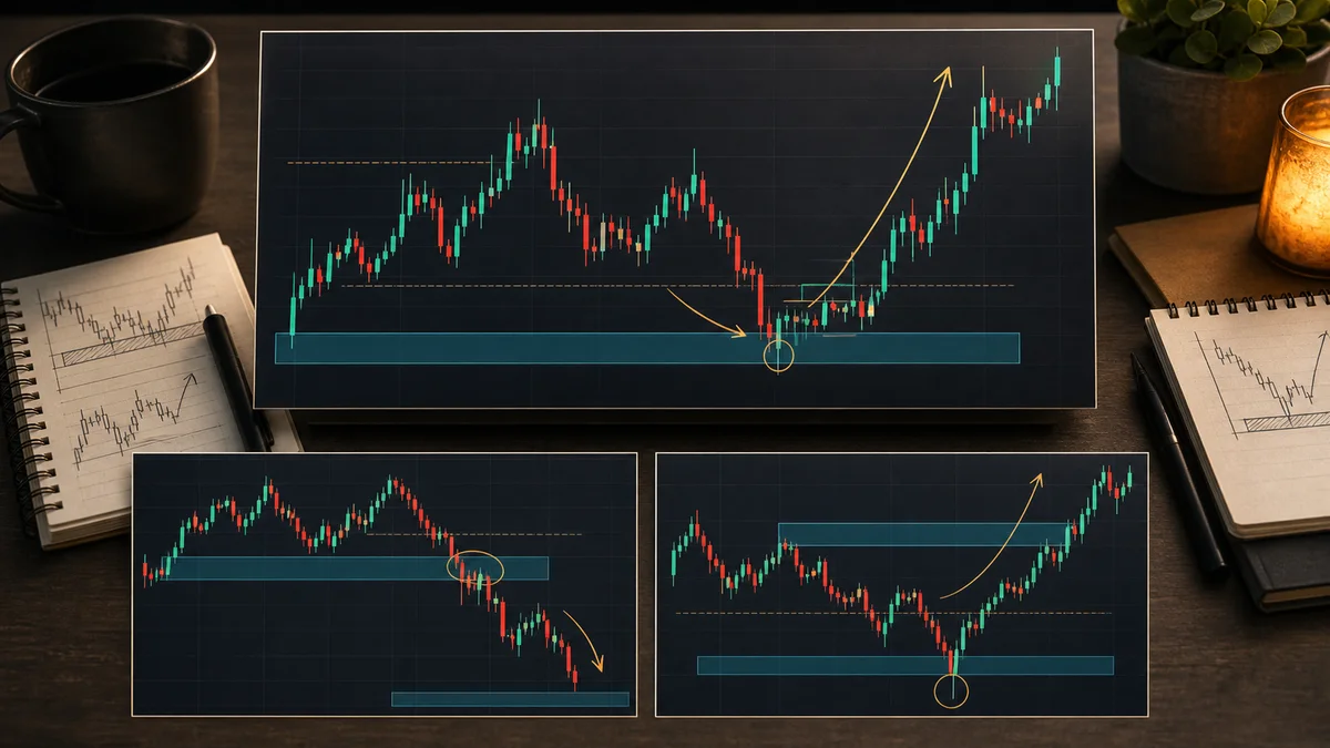 Point of Interest in Trading: Complete Guide Examples of Point of Interest in trading showing bullish POI bounce, failed POI breakout, and liquidity sweep into POI reversal