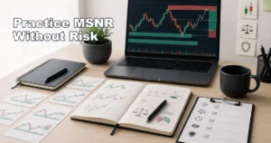 Illustrative diagram showing a safe MSNR practice routine with demo account paper trading journal and risk checklist