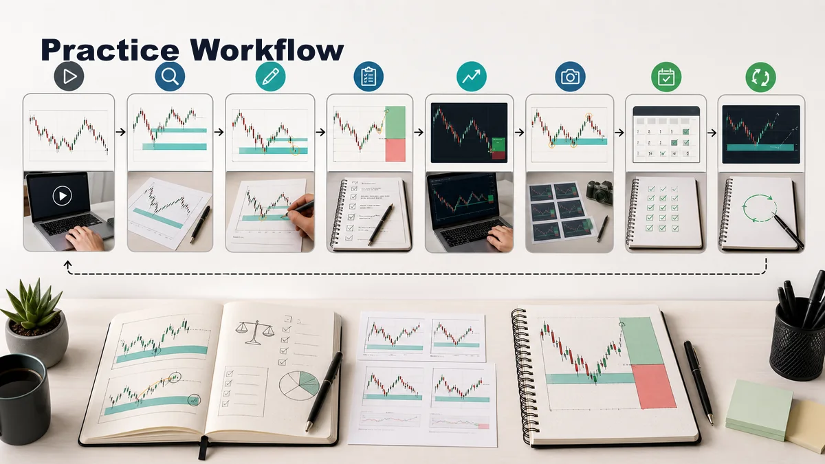 How to Practice MSNR Without Risking Real Money Codex AI image showing a step by step MSNR practice routine from chart replay to paper trade demo execution and review