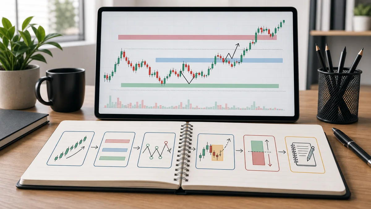Price Action Trading: Complete Beginner Guide A beginner price action workflow with a clean chart, key zones, market structure, trade planning notes, and risk management symbols