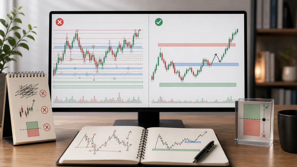 Price Action Trading: Complete Beginner Guide A cluttered trading chart compared with a cleaner price action chart to show common beginner mistakes like too many levels and poor risk planning