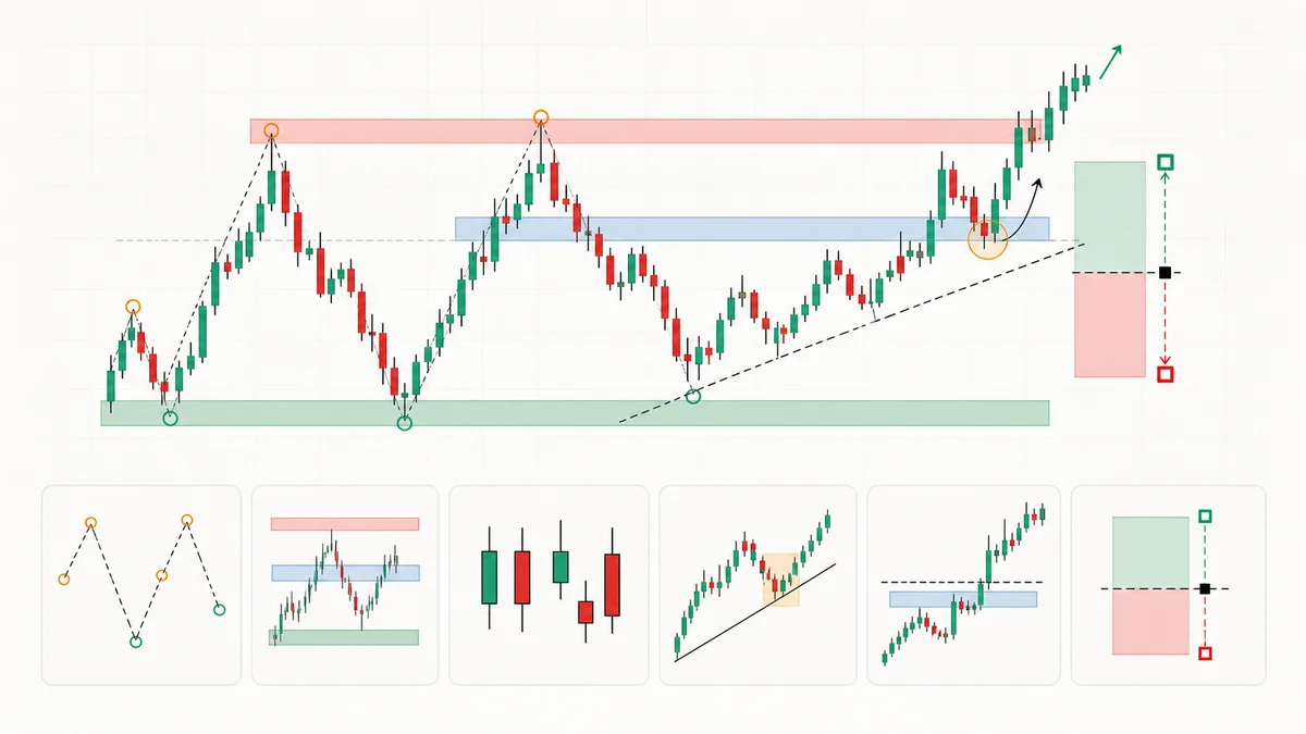Price Action Trading: Complete Beginner Guide A clean trading chart showing core price action concepts including market structure, trendlines, support and resistance, and risk areas