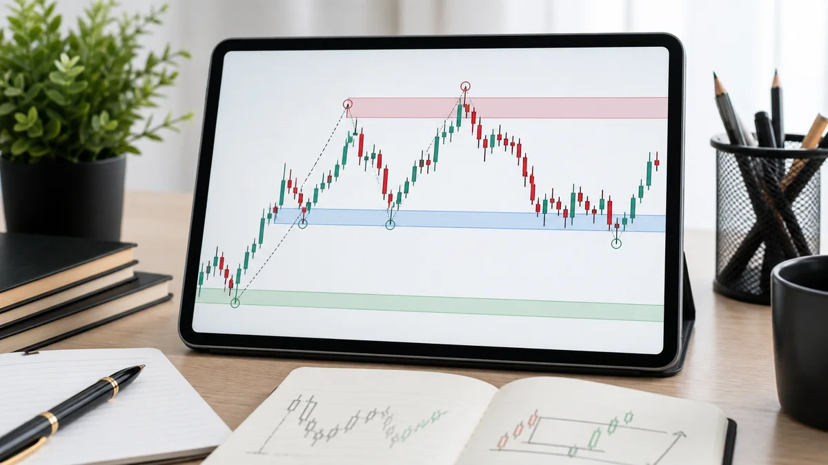 Price Action Trading: Complete Beginner Guide A clean candlestick chart showing raw price movement, swing highs, swing lows, and support and resistance zones for price action trading