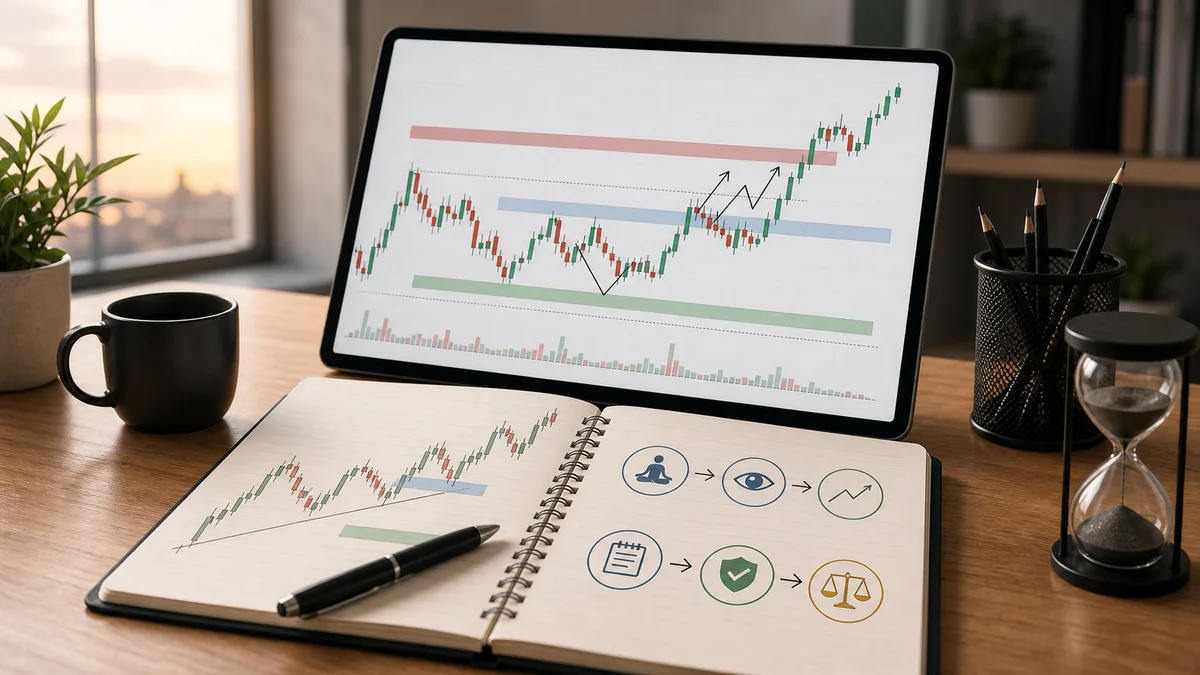 Price Action Trading: Complete Beginner Guide A calm trading desk with a clean candlestick chart and journal representing disciplined price action trading practice