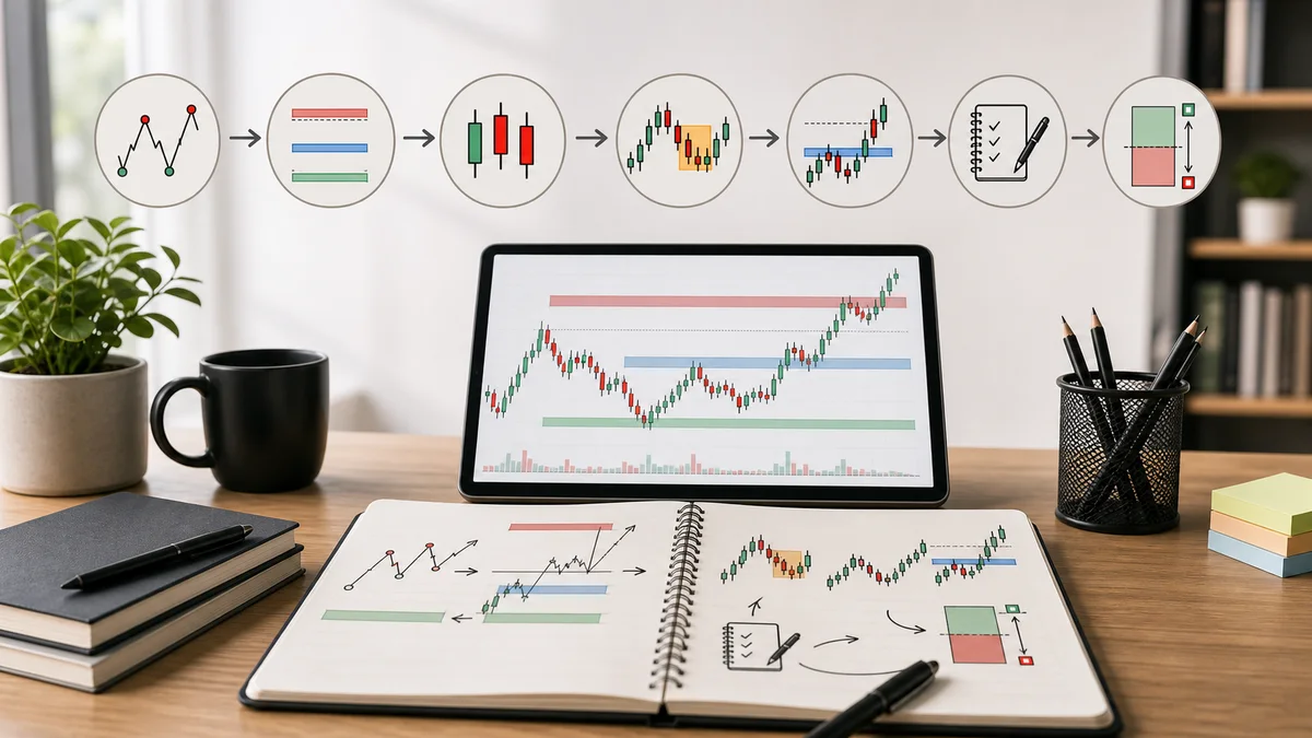 Price Action Trading: Complete Beginner Guide A structured learning path for price action traders showing chart study, support and resistance, candlestick behavior, pullbacks, breakouts, journaling, and risk control