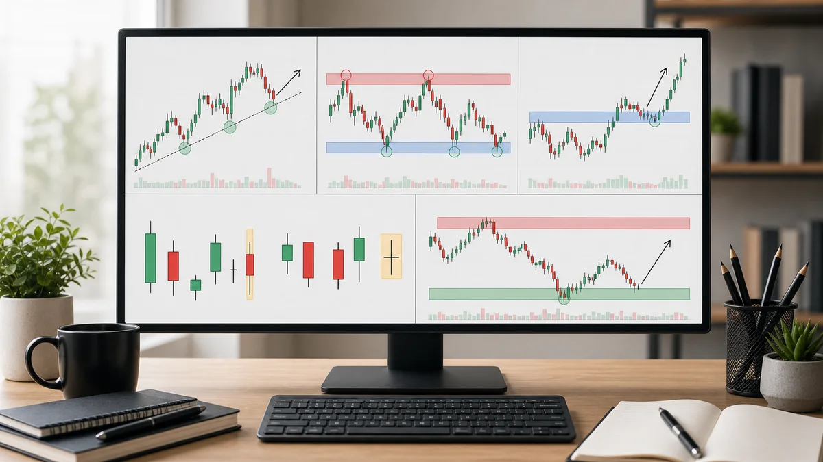 Price Action Trading: Complete Beginner Guide Multiple clean chart panels illustrating price action trading subcategories such as support and resistance, trend continuation, breakout retest, and candlestick behavior