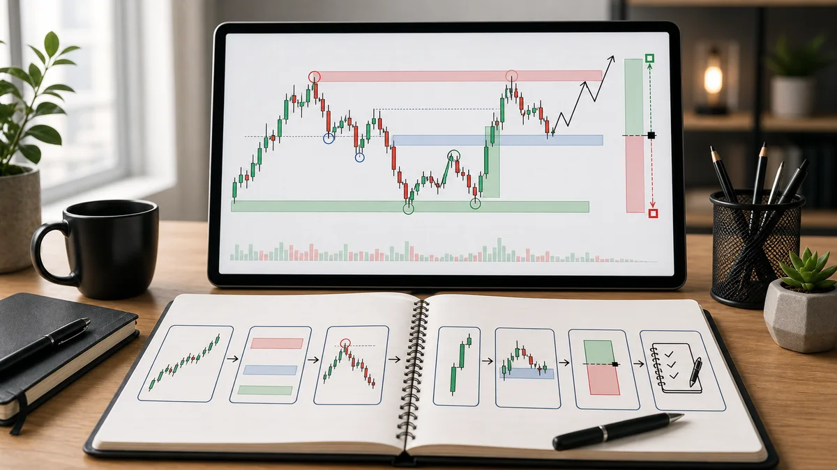 Smart Money Concepts: Complete Trading Guide A beginner Smart Money Concepts workflow showing higher timeframe context, liquidity zones, sweep, displacement, reaction area, entry planning, and risk control