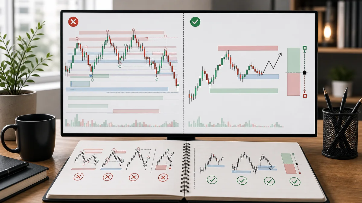 Smart Money Concepts: Complete Trading Guide A cluttered Smart Money Concepts chart compared with a clean chart to show beginner mistakes such as too many order blocks, fair value gaps, and liquidity labels