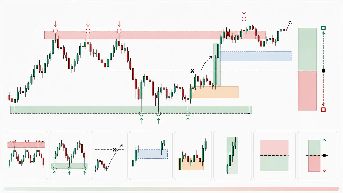 Smart Money Concepts: Complete Trading Guide A Smart Money Concepts chart showing liquidity pools, break of structure, change of character, order block, and fair value gap zones