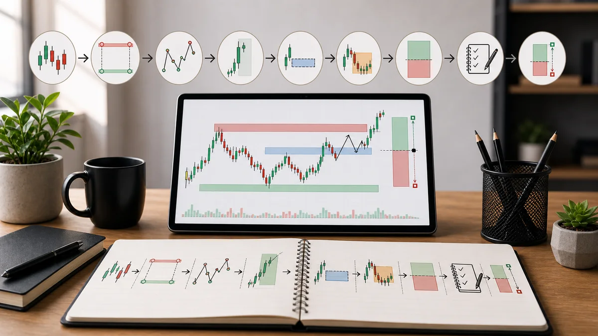 Smart Money Concepts: Complete Trading Guide A structured Smart Money Concepts learning path showing liquidity, market structure, displacement, fair value gaps, order blocks, journaling, and risk management