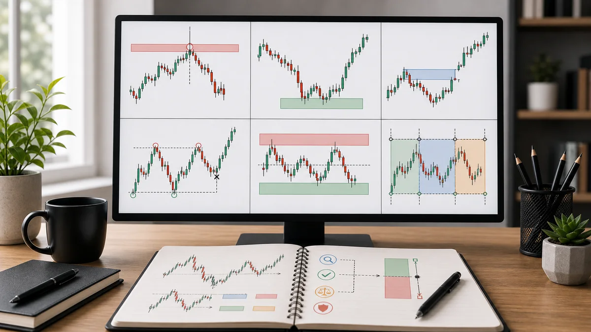 Smart Money Concepts: Complete Trading Guide Multiple clean chart panels showing Smart Money Concepts subcategories including liquidity sweeps, order blocks, fair value gaps, and premium discount zones