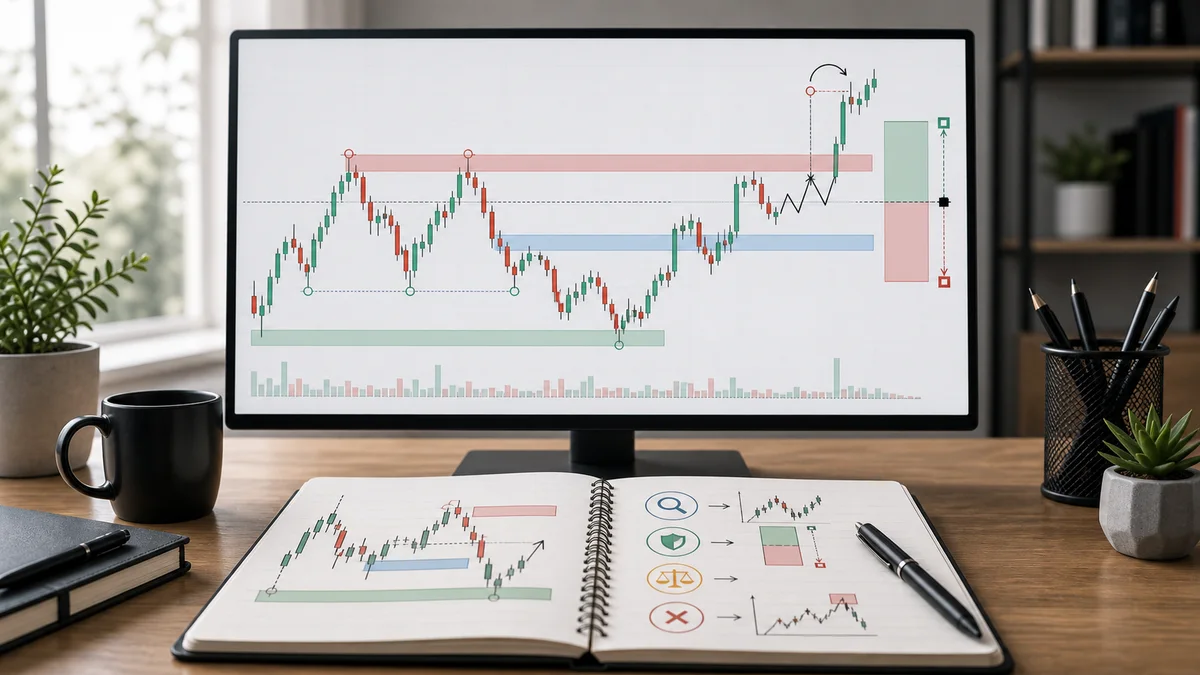 Smart Money Concepts: Complete Trading Guide A trader studying liquidity sweeps, market structure shifts, and risk planning on a clean Smart Money Concepts chart